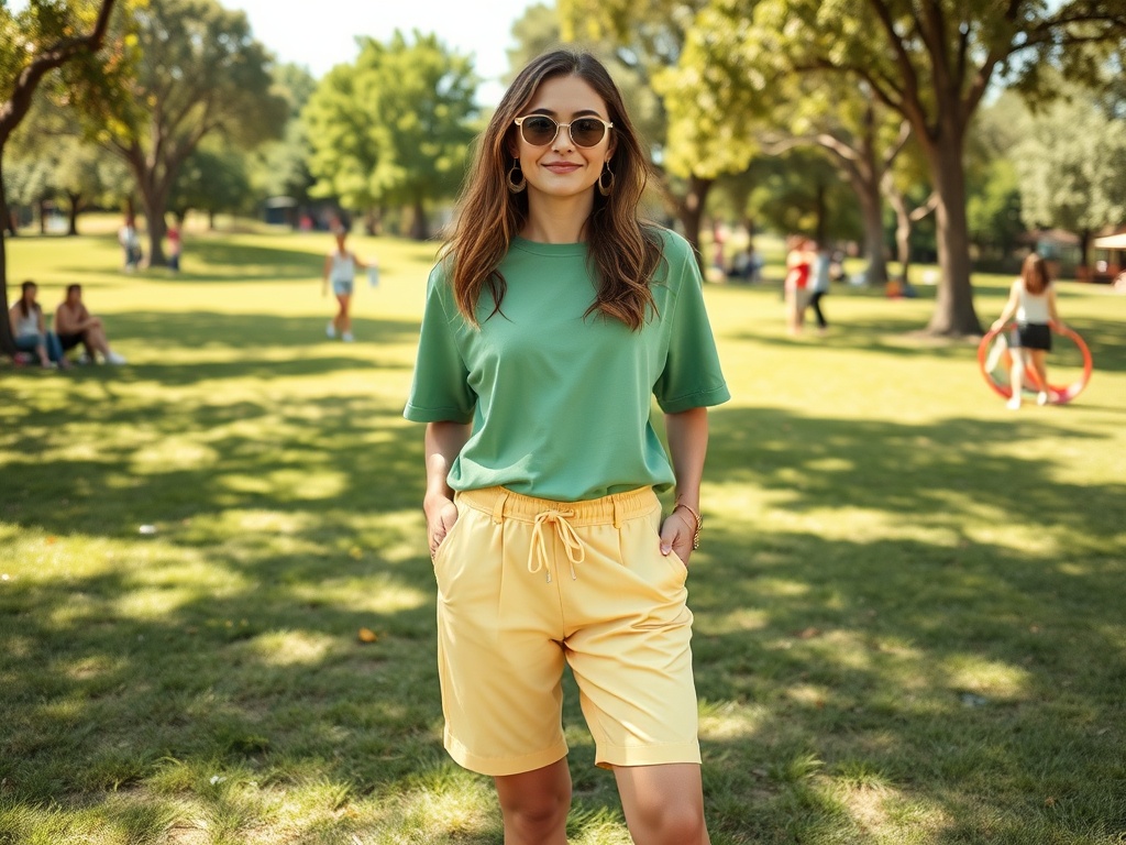 Fată zâmbitoare în parc, purtând un tricou verde și pantaloni scurți galbeni, cu o atmosferă relaxantă.