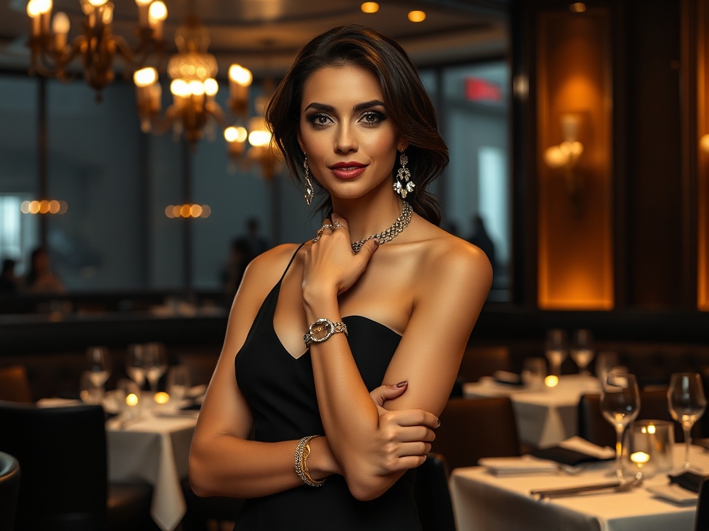 O femeie elegantă poartă o rochie neagră, bijuterii strălucitoare și zâmbește într-un restaurant sofisticat.